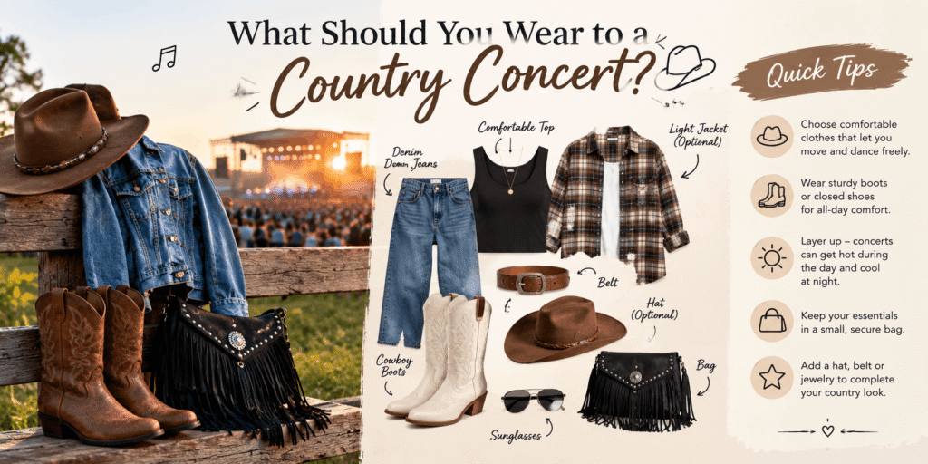 Realistic country concert outfit display featuring denim jeans, a black top, plaid shirt, cowboy boots, cowboy hat, Western belt, fringe bag, and sunglasses.