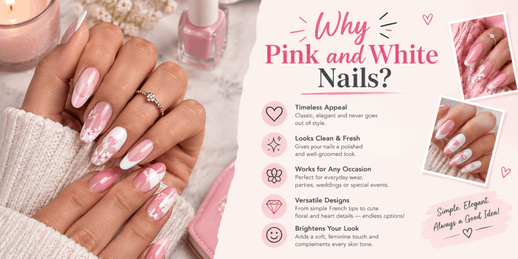 Realistic pink and white nail design with glossy finishes, floral and heart details, highlighting the timeless and versatile appeal of pink and white nails.
