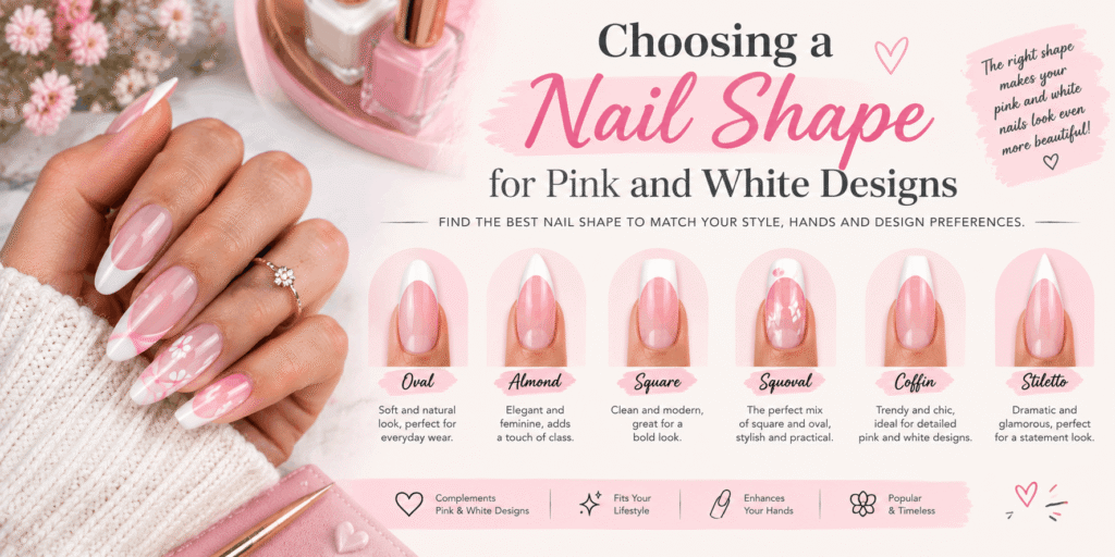 Pink and white nail design guide showing oval, almond, square, squoval, coffin, and stiletto nail shapes.