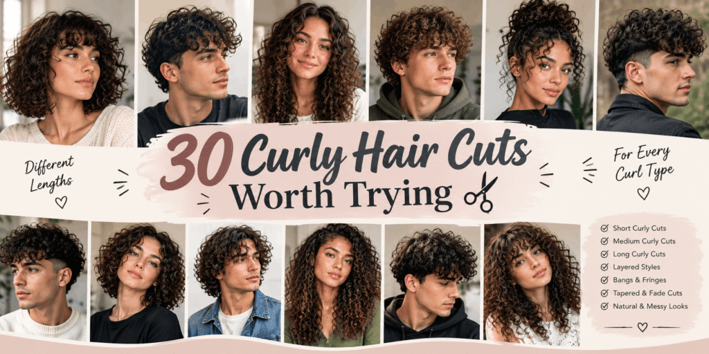 Realistic collage of curly hairstyles for both men and women, featuring short, medium, and long curly haircuts, layered curls, curly bangs, shag cuts, and tapered styles.