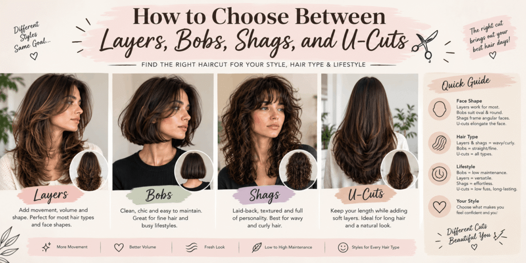 Realistic hairstyle comparison showing layers, bob, shag, and U-cut hairstyles on women with different hair textures and lengths.
