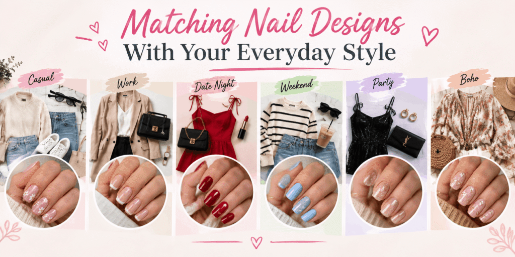 A stylish collection of short square nail ideas featuring soft pink shades, French tips, floral art, heart details, glitter finishes, and playful designs.