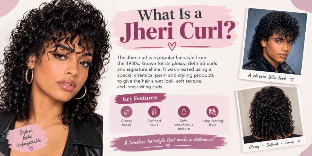 Realistic Jheri curl hairstyle with glossy, defined curls and a soft, voluminous finish, shown in a beauty infographic.