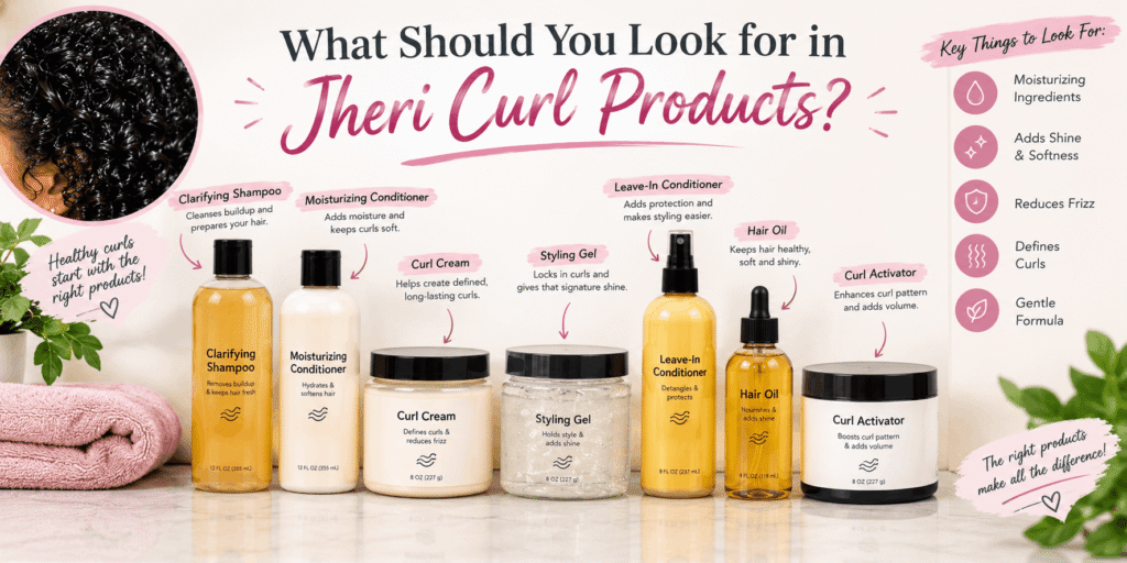 Jheri curl product collection featuring clarifying shampoo, moisturizing conditioner, curl cream, styling gel, leave-in conditioner, hair oil, and curl activator.