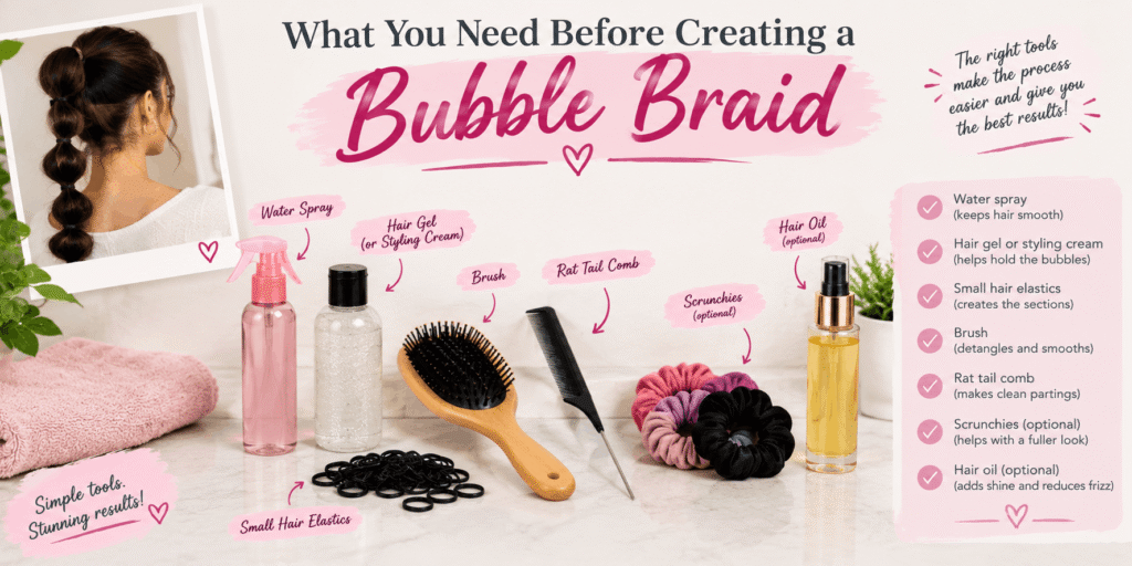 Realistic bubble braid styling setup featuring small hair elastics, a brush, rat-tail comb, water spray, styling gel, scrunchies, and hair oil.