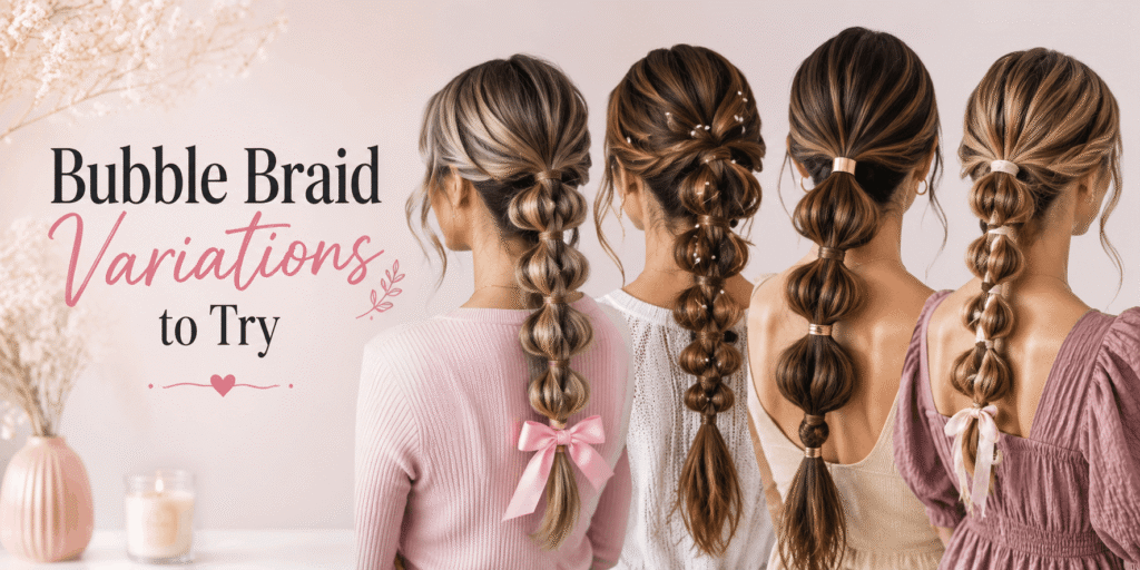 Bubble braid hairstyle variations with different hair accessories