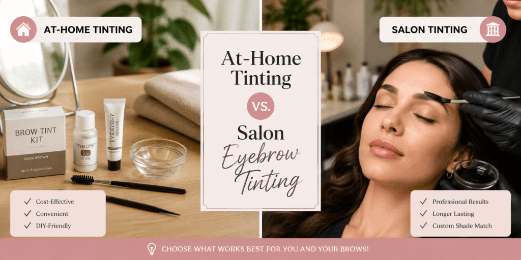 At-home tinting vs salon eyebrow tinting comparison with DIY brow tint supplies and professional salon treatment