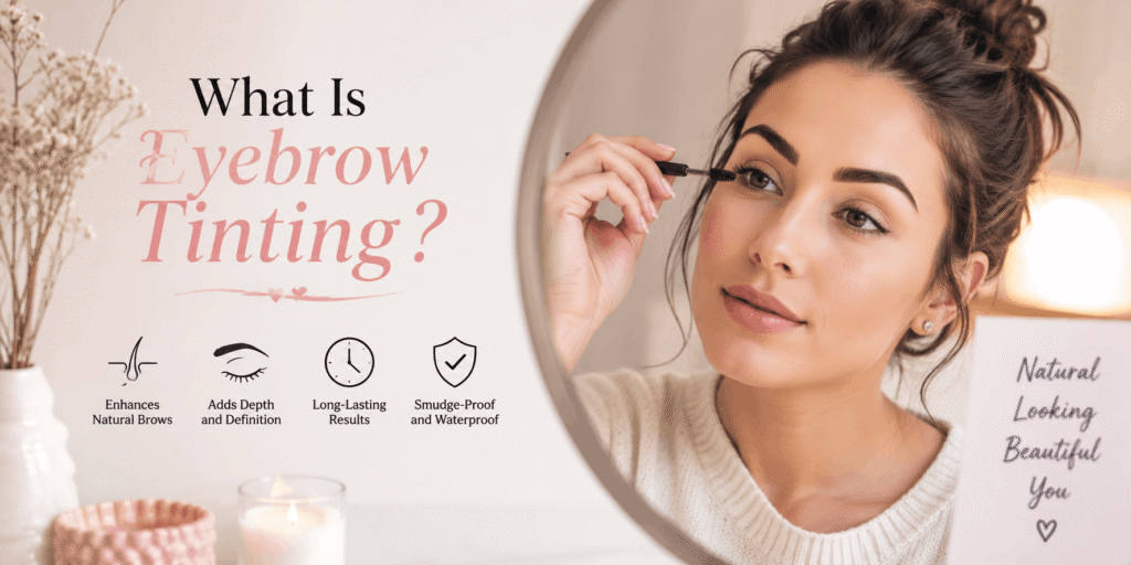 What is eyebrow tinting, with a woman grooming her eyebrows using a spoolie brush