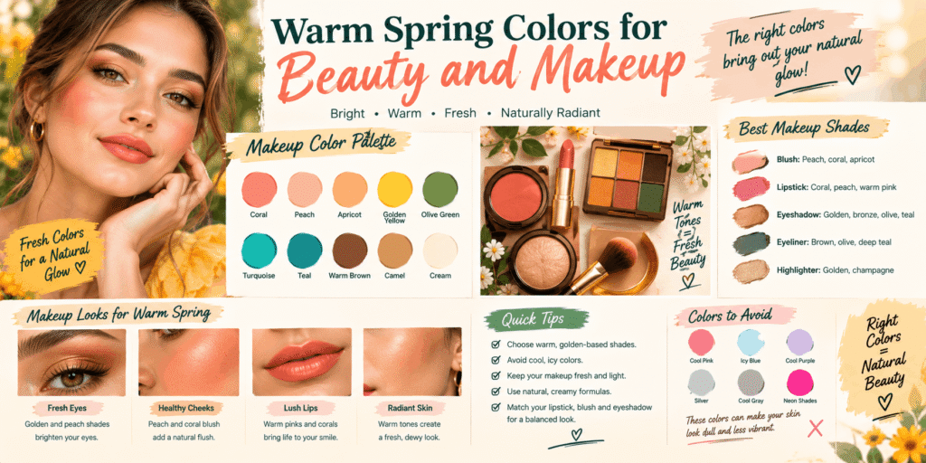 Warm Spring colors for beauty and makeup featuring coral, peach, golden yellow, olive, turquoise, and warm neutral shades