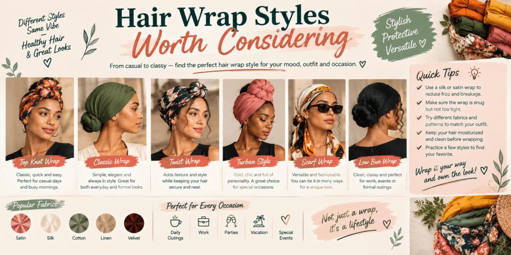 Hair wrap styles worth considering including top knot, classic wrap, twist wrap, turban, scarf wrap, and low bun wrap