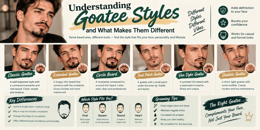 Understanding different goatee styles including classic, extended, circle beard, soul patch, Van Dyke, and stubble goatees