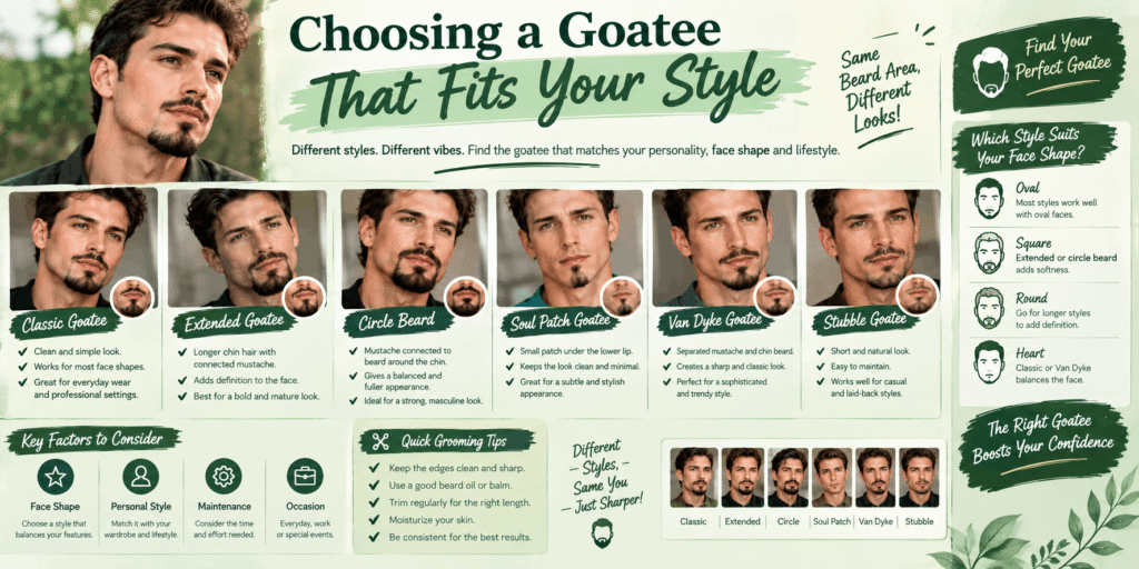 Choosing a goatee style based on face shape, personal style, lifestyle, and grooming needs