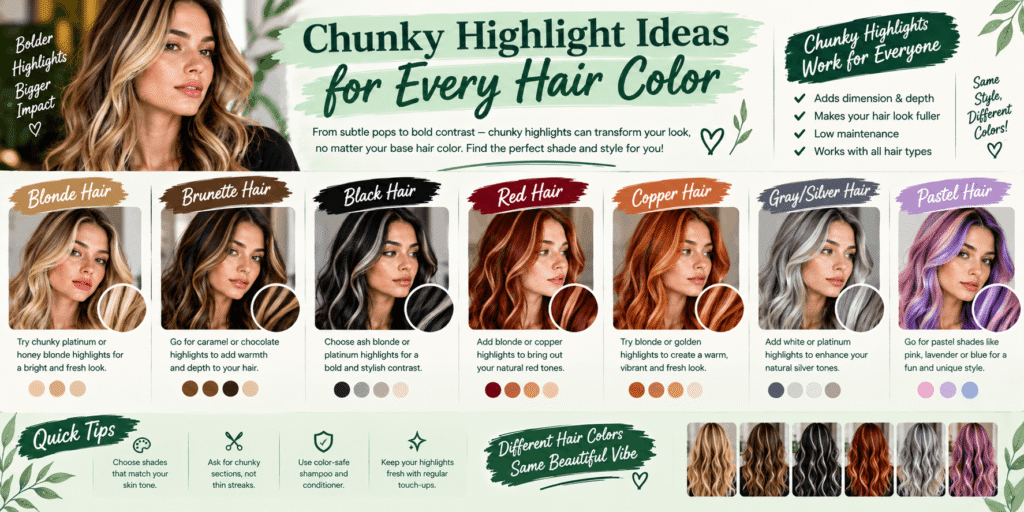 A realistic hair color guide showcasing chunky highlight ideas for blonde, brunette, black, red, copper, gray, silver, and pastel hair, with recommended shades and simple tips for choosing and maintaining bold highlights.