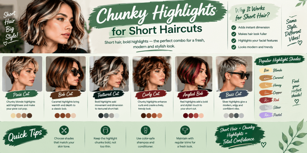 Chunky highlights for short haircuts including pixie, bob, textured, curly, angled bob, and buzz cut styles