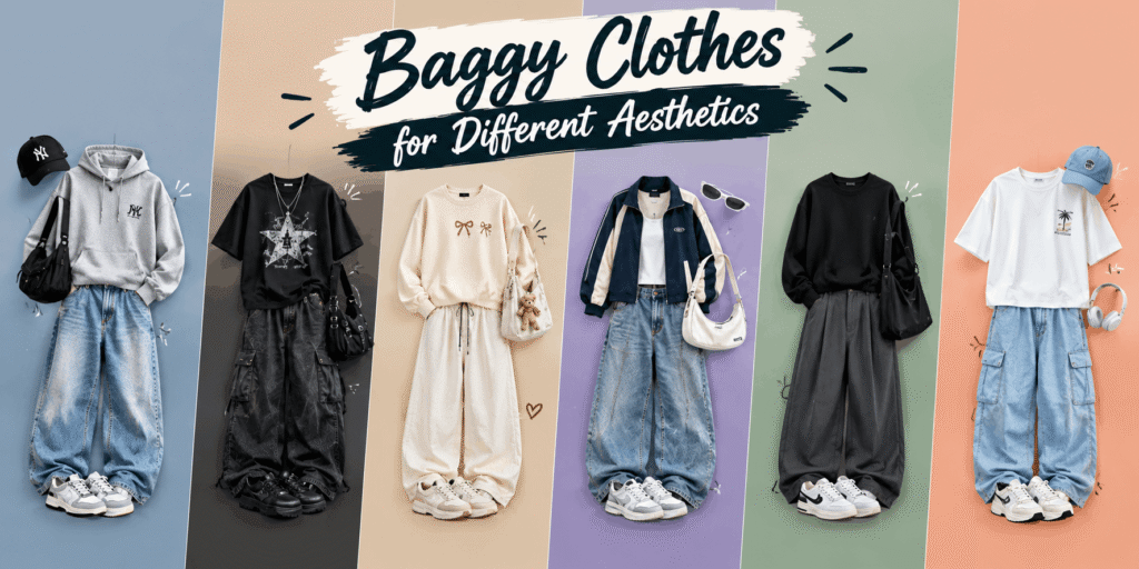 Baggy clothes styled for different aesthetics including casual, grunge, cozy, Y2K, minimalist, and summer fashion