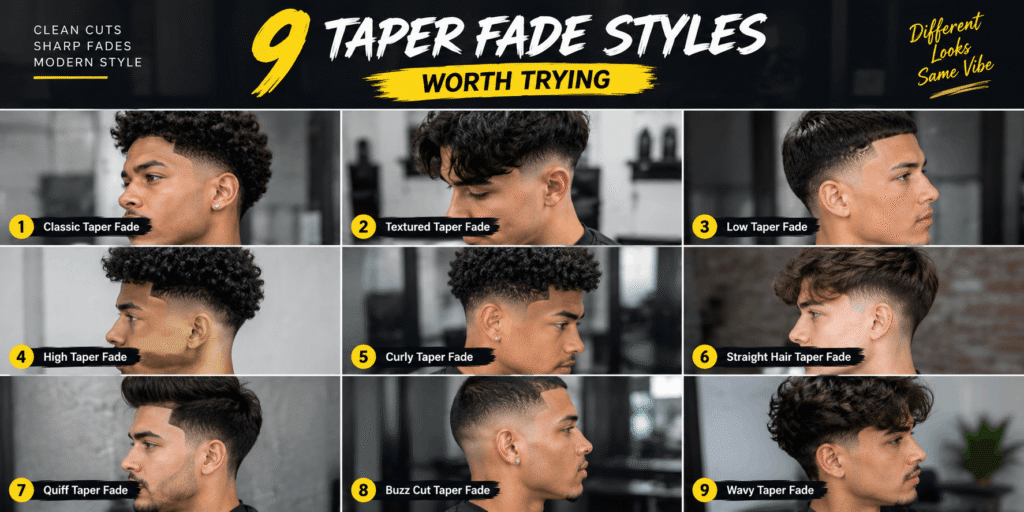 9 taper fade styles for men including classic, low, high, curly, textured, quiff, buzz cut, and wavy fades