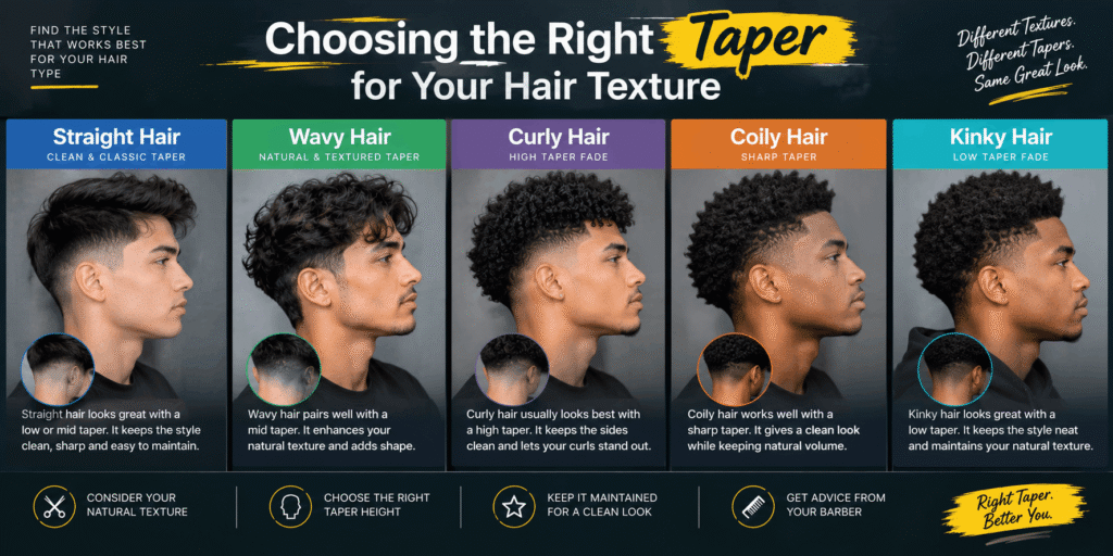 Choosing the right taper fade for different hair textures including straight, wavy, curly, coily, and kinky hair
