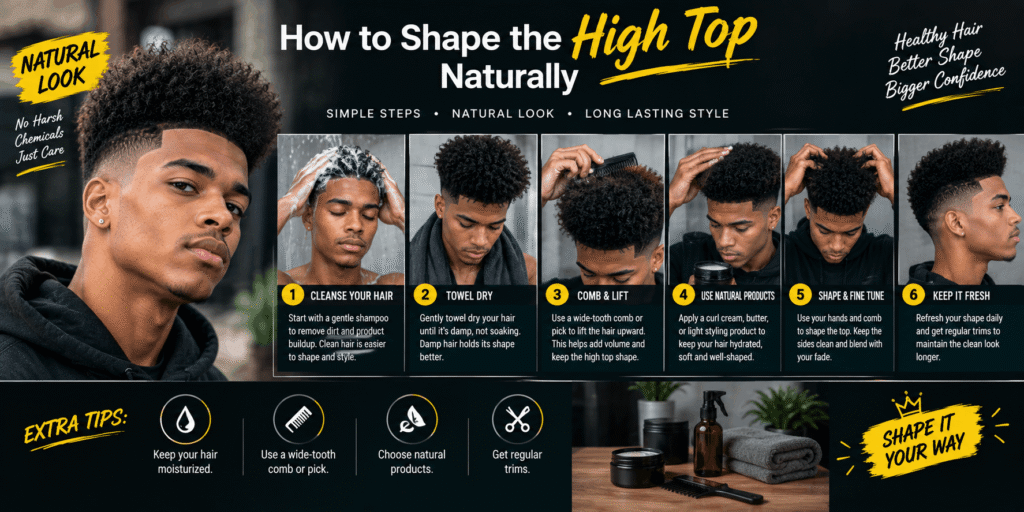 How to shape a high top naturally with steps for cleansing, lifting, styling, and maintaining the hair