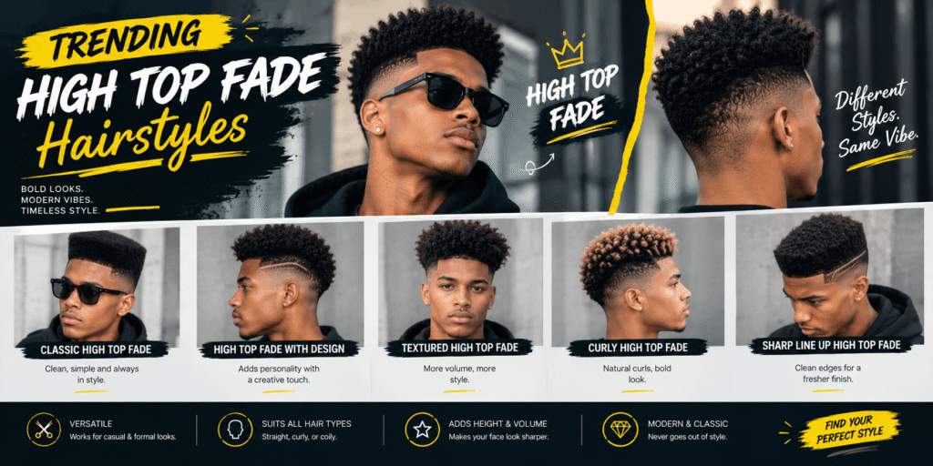 Trending high top fade hairstyles for men featuring classic, textured, curly, designed, and sharp line-up styles