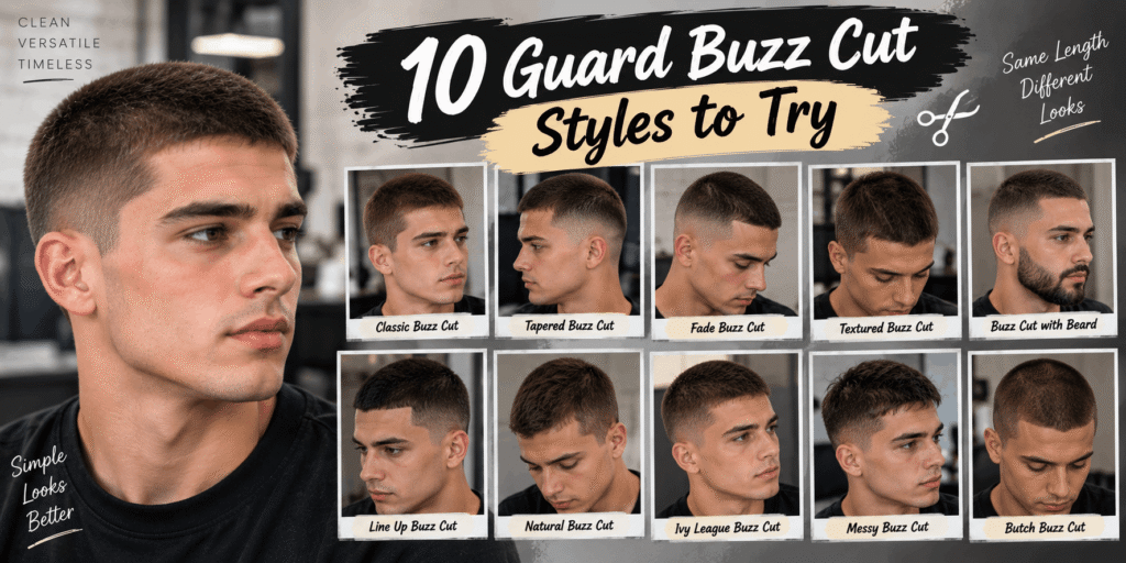 10 guard buzz cut styles including classic, tapered, faded, textured, bearded, line-up, natural, Ivy League, messy, and butch cuts