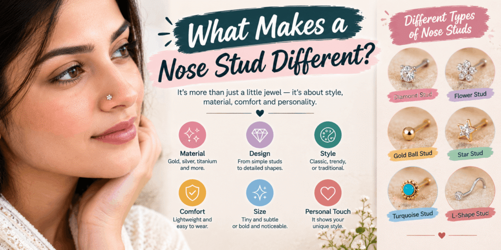 What makes a nose stud different, showing various designs, materials, sizes, comfort levels, and personal style options