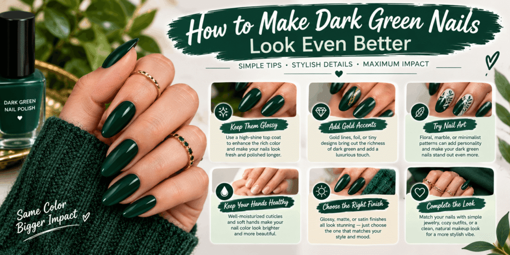 Tips for making dark green nails look better with glossy finishes, gold accents, nail art, and coordinated accessories