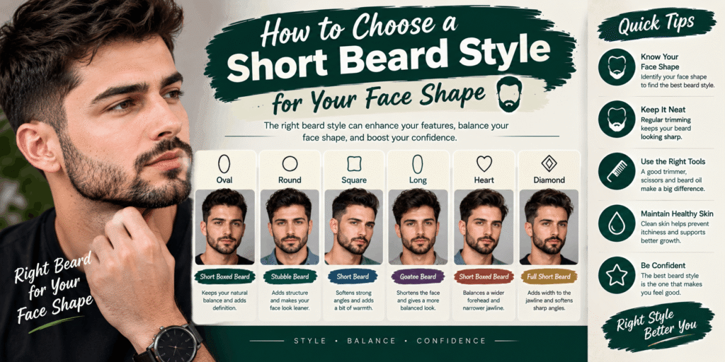 How to choose a short beard style for different face shapes, including oval, round, square, long, heart, and diamond faces