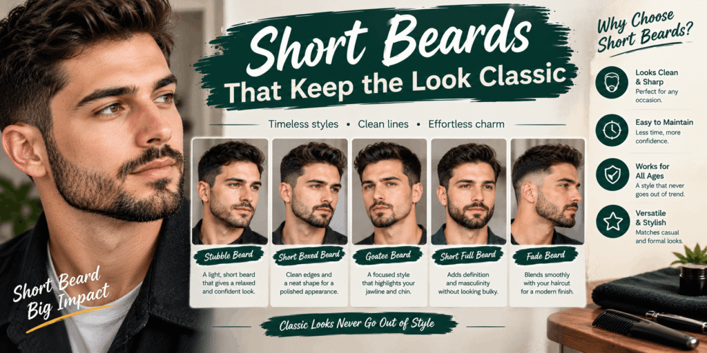 Short beard styles including stubble, short boxed beard, goatee, short full beard, fade beard, and mustache with beard