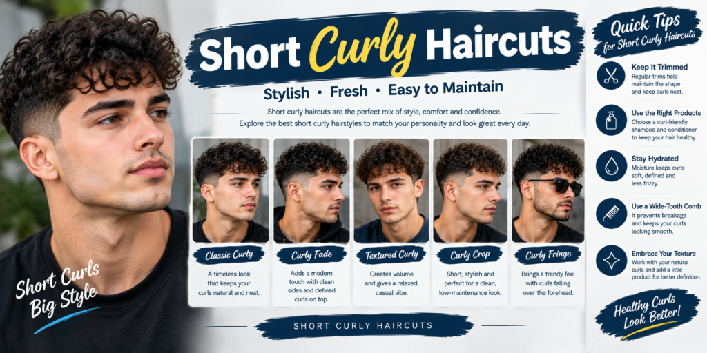 Short curly haircuts including classic curly, curly fade, textured curly, curly crop, and curly fringe styles