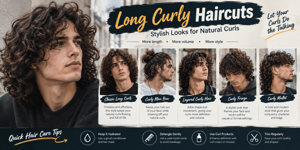Long curly haircuts featuring classic long curls, curly man bun, layered curly hair, curly fringe, and curly mullet styles