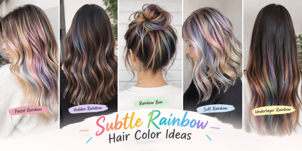 Subtle rainbow hair color ideas with pastel and hidden rainbow highlights