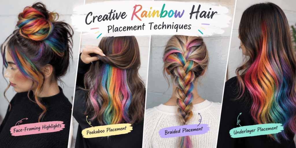 Creative rainbow hair placement techniques with colorful face-framing, peekaboo, braided, and underlayer styles