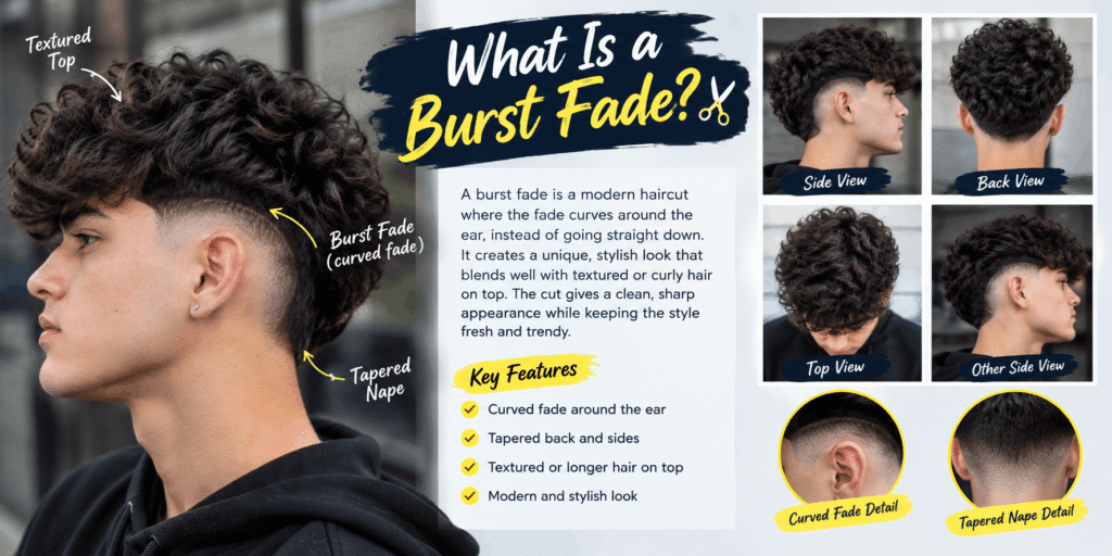 What is a burst fade haircut with a curved fade around the ears