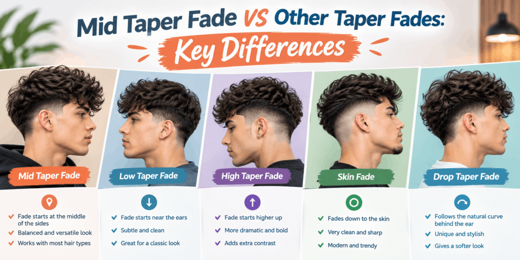 Mid Taper Fade vs Other Taper Fades – comparison of mid, low, high, skin, and drop taper fades