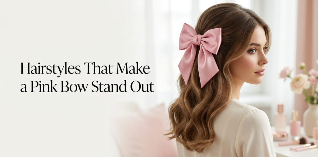 Stylish young woman with soft waves in a polished half-up hairstyle featuring a large satin pink hair bow, beauty editorial featured image.