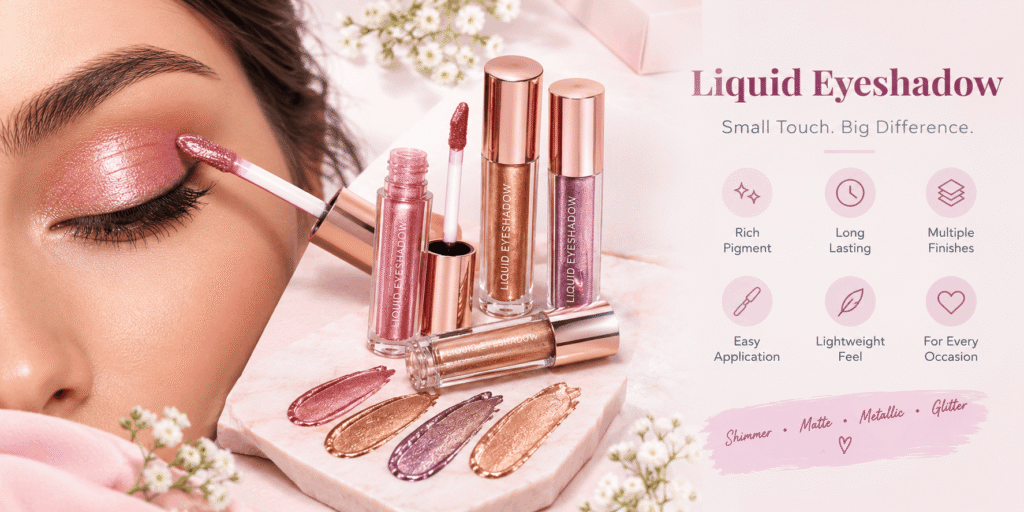 Woman applying pink liquid eyeshadow with rose gold eyeshadow tubes and shimmer swatches in pink, bronze, and mauve.