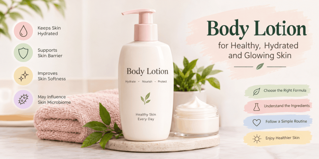 lotion bottle with moisturizer, soft towels, and skincare essentials highlighting skin hydration and barrier care.