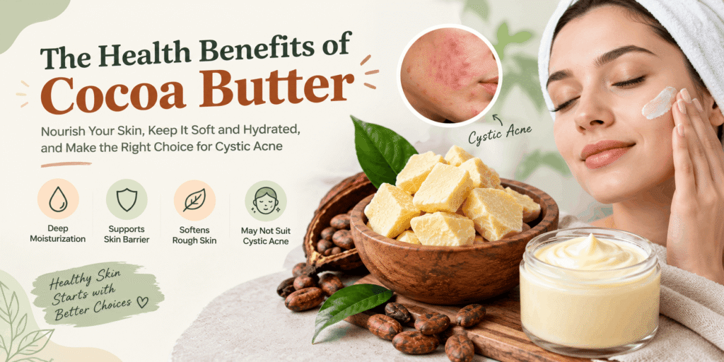 Cocoa butter skincare benefits, showing cocoa butter chunks, cocoa beans, moisturizing cream, and a woman applying cream to her cheek, with information about cystic acne.