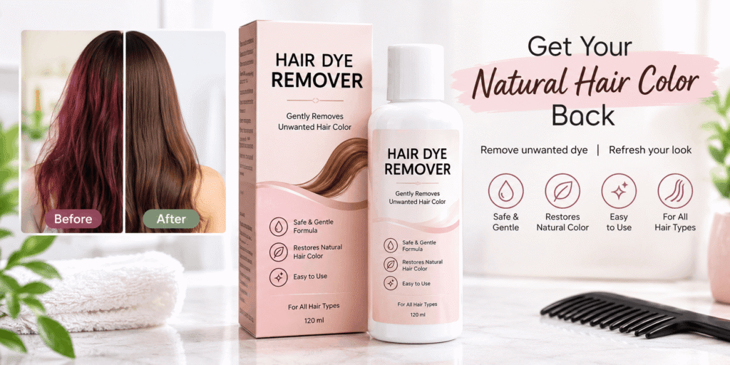 Hair dye remover product with before-and-after hair color comparison, showing dyed burgundy hair and natural brown hair.