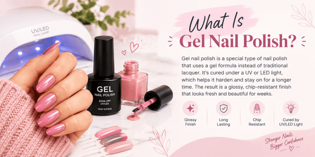 Pink gel nail polish manicure with UV LED nail lamp and gel polish bottles explaining what gel nail polish is.