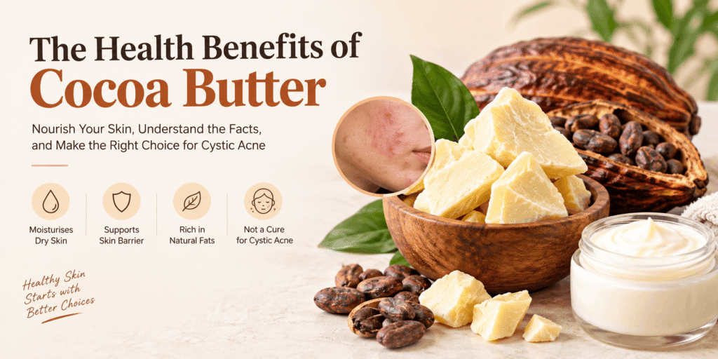 Cocoa butter benefits for skin, including moisturizing dry skin, supporting the skin barrier, and considerations for cystic acne.