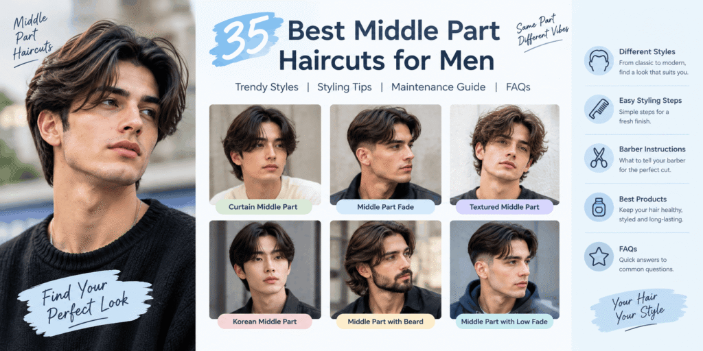 35 best middle part haircuts for men featuring curtain hairstyles, middle part fades, textured hair, Korean middle parts, and beard styles.