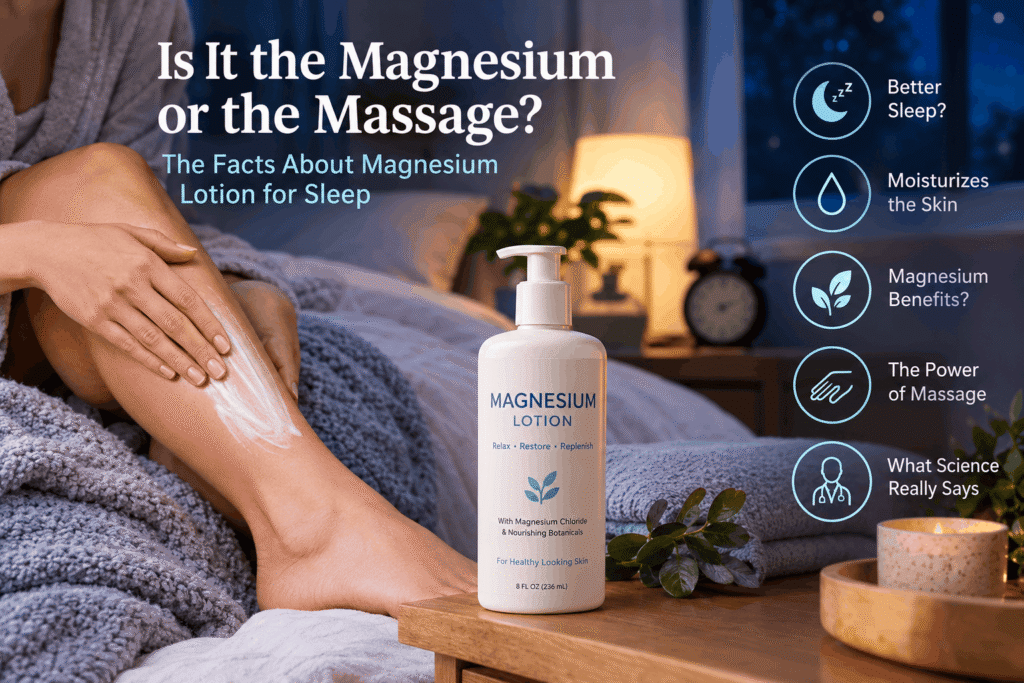 Person applying magnesium lotion to their leg before bedtime, exploring its potential sleep benefits and skin moisturizing effects.