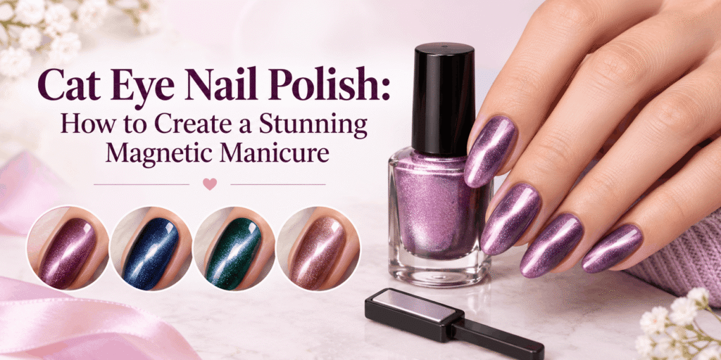 Cat eye nail polish manicure featuring glossy purple magnetic nails with a reflective shimmer, nail polish bottle, and magnetic nail art tool.