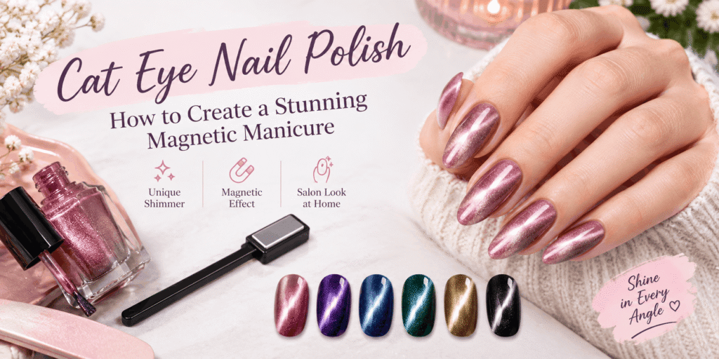 Rose pink cat eye nail polish manicure with magnetic shimmer, nail polish bottles, magnetic tool, and six colourful magnetic nail designs.