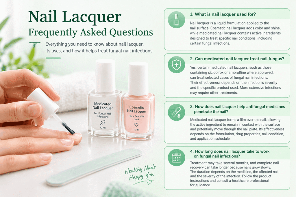 Nail lacquer infographic explaining its uses, medicated nail lacquer for fungal infections, antifungal drug penetration, and nail fungus treatment duration.