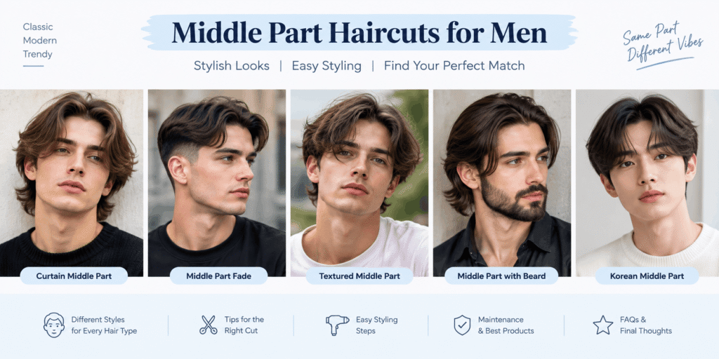 Best middle part haircuts for men featuring curtain middle part, middle part fade, textured middle part, Korean middle part, and middle part with beard.