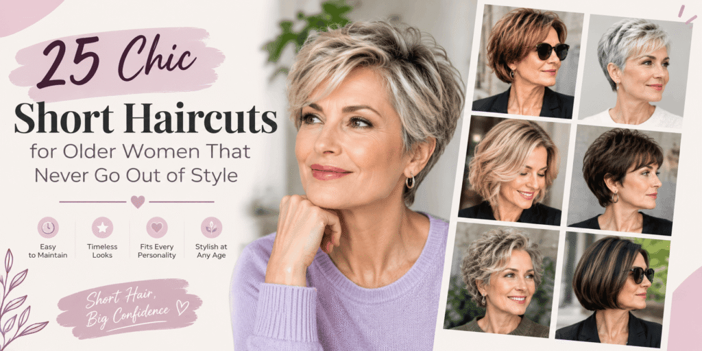 Older woman with a stylish silver pixie haircut alongside a collage of short bobs, layered cuts, and modern hairstyles for mature women.