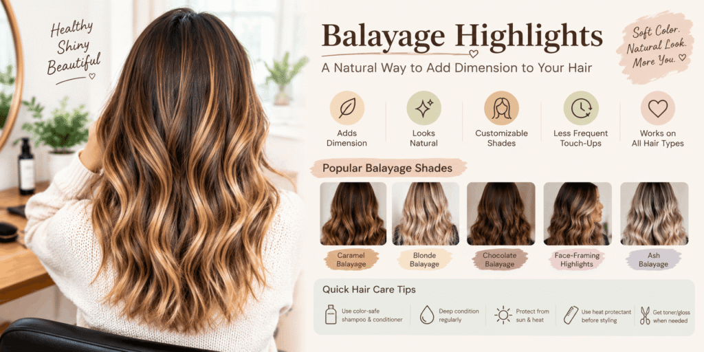 Balayage highlights in caramel, blonde, chocolate, and ash shades on long wavy hair