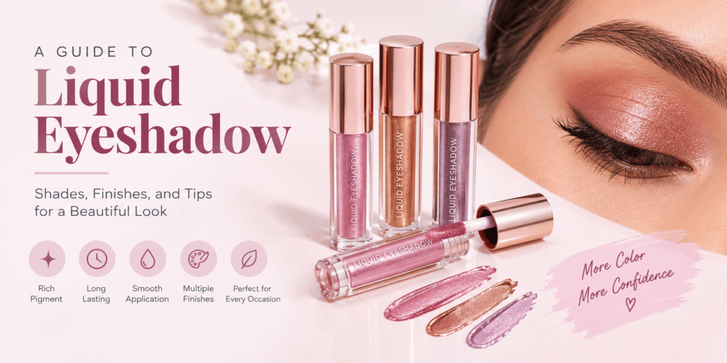 Liquid eyeshadow tubes in pink, bronze, and lavender with shimmer swatches and rose-gold eye makeup.